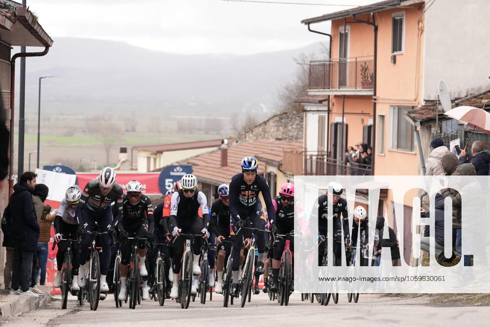 The pack rides during the 60th Tirreno - Adriatico 2025, Stage 4 from Norcia to Trasacco - on March 13, 2025 in Norcia, Umbria, Italy.