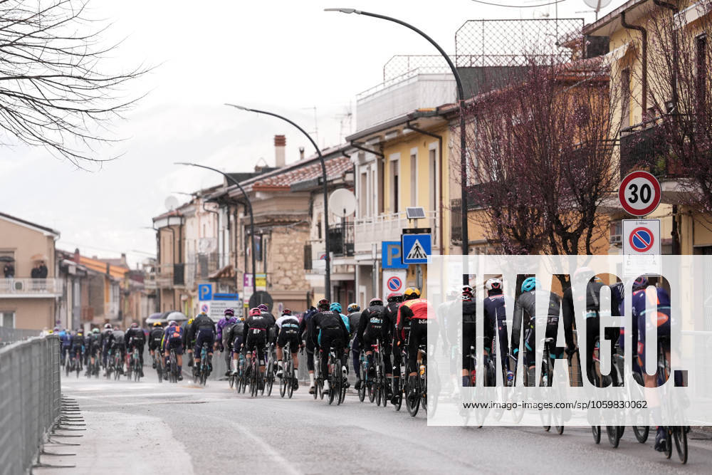 The pack rides during the 60th Tirreno - Adriatico 2025, Stage 4 from Norcia to Trasacco - on March 13, 2025 in Norcia, Umbria, Italy.
