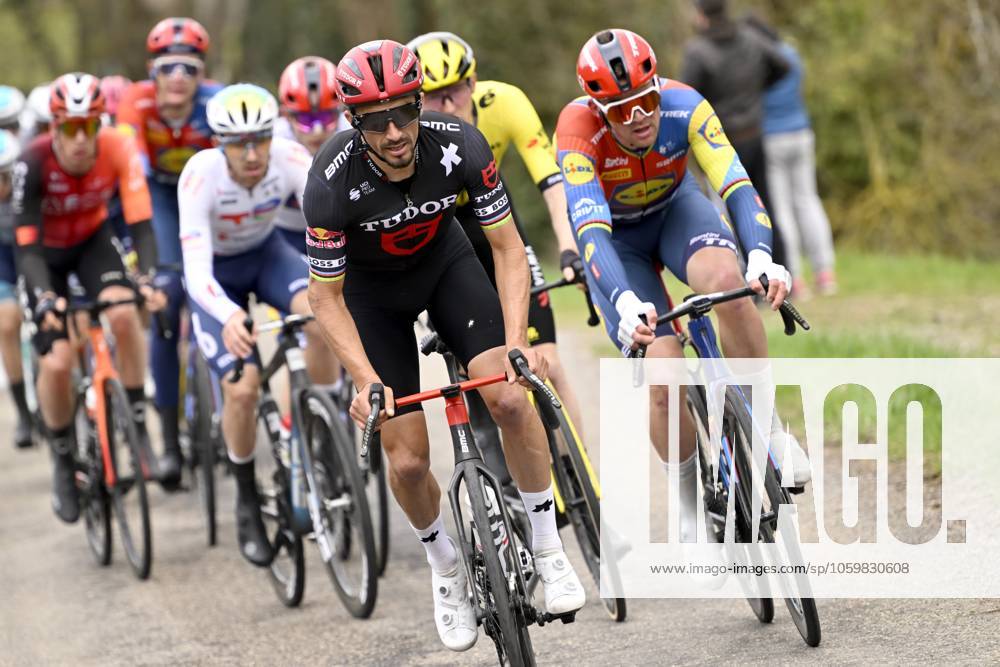Paris - Nice 2025 - stage 5 LA COTE-SAINT-ANDRE, FRANCE - MARCH 13 : Alaphilippe Julian (FRA) of Tudor Pro Cycling Team, Pedersen Mads (DEN) of Lidl - Trek during stage 5 of the 83th edition of the Paris - Nice cycling race, a stage of 196,5km with start in Saint-Just-en-Chevalet and finish in La Cote-Saint-Andre on March 13, 2025 in La Cote-Saint-Andre, France, 13 03 2025 ( Motordriver Kenny Verfaillie - La Cote-Saint-Andre France