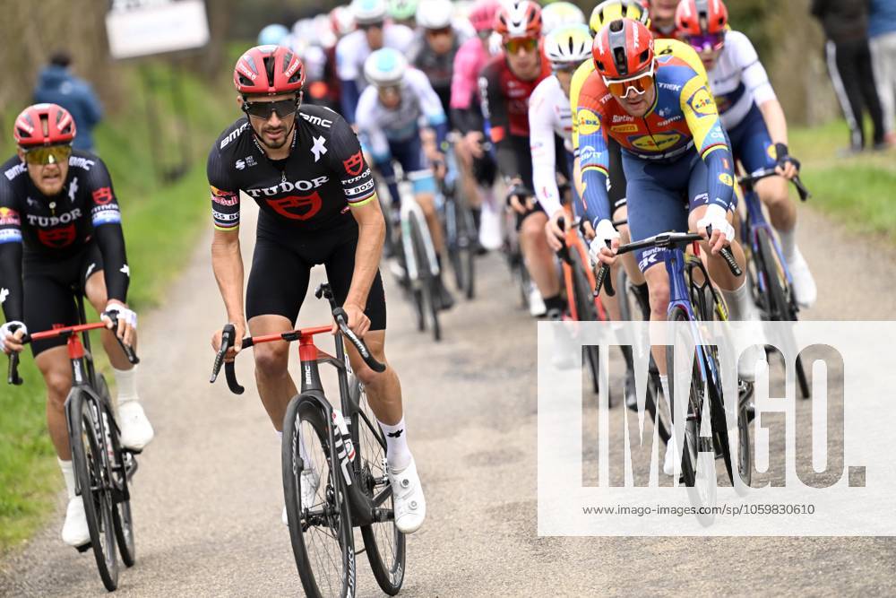 Paris - Nice 2025 - stage 5 LA COTE-SAINT-ANDRE, FRANCE - MARCH 13 : Alaphilippe Julian (FRA) of Tudor Pro Cycling Team, Pedersen Mads (DEN) of Lidl - Trek during stage 5 of the 83th edition of the Paris - Nice cycling race, a stage of 196,5km with start in Saint-Just-en-Chevalet and finish in La Cote-Saint-Andre on March 13, 2025 in La Cote-Saint-Andre, France, 13 03 2025 ( Motordriver Kenny Verfaillie - La Cote-Saint-Andre France