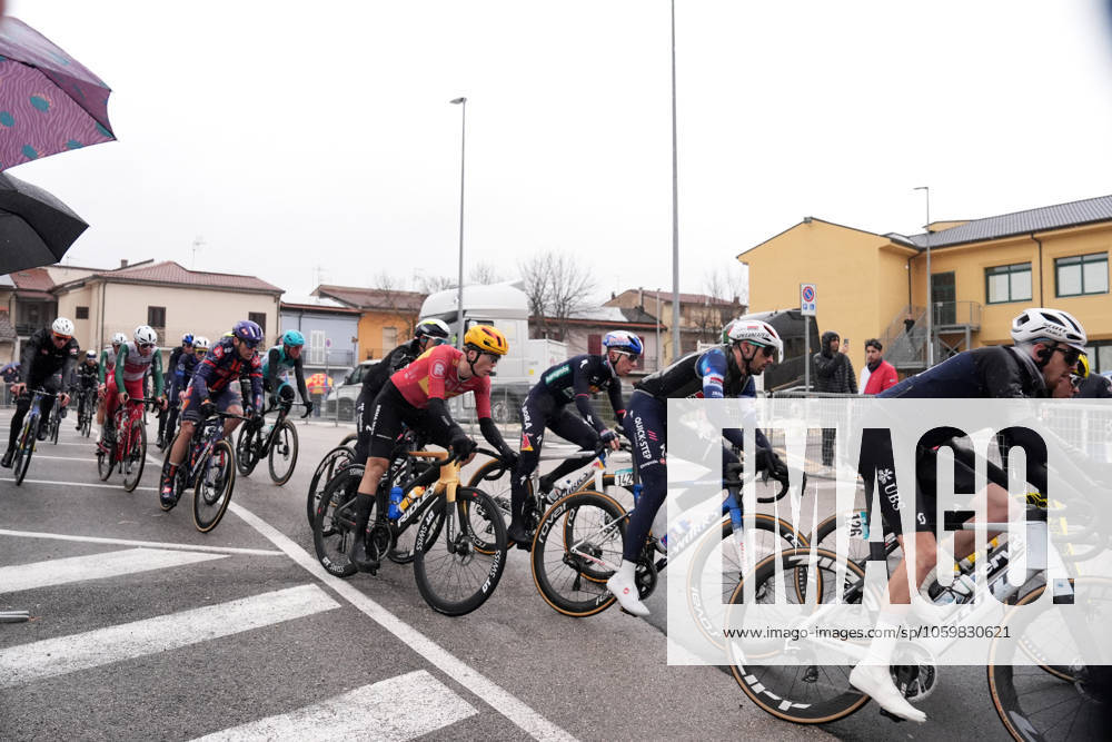 The pack rides during the 60th Tirreno - Adriatico 2025, Stage 4 from Norcia to Trasacco - on March 13, 2025 in Norcia, Umbria, Italy.