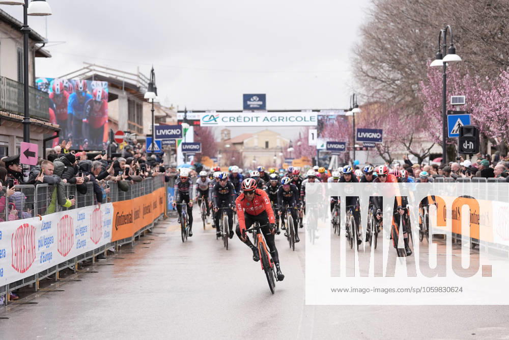 The pack rides during the 60th Tirreno - Adriatico 2025, Stage 4 from Norcia to Trasacco - on March 13, 2025 in Norcia, Umbria, Italy.