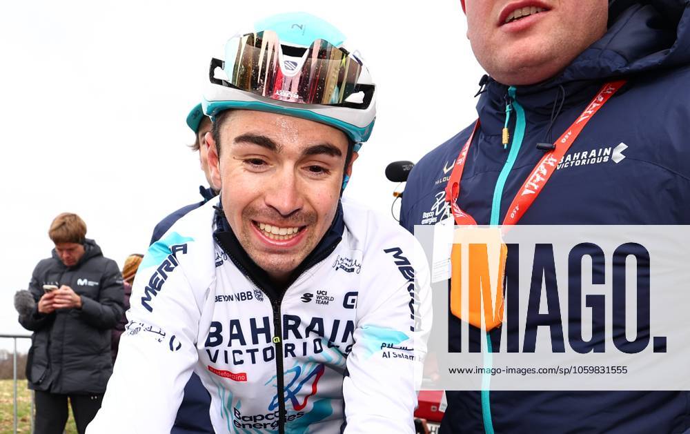French Lenny Martinez of Bahrain Victorious celebrates after winning stage six of the 83th edition of the Paris-Nice cycling race, 209,8 km from Saint-Julien-en-Saint-Alban to Berre l Etang, France, Friday 14 March 2025. DAVIDxPINTENS x114870774x