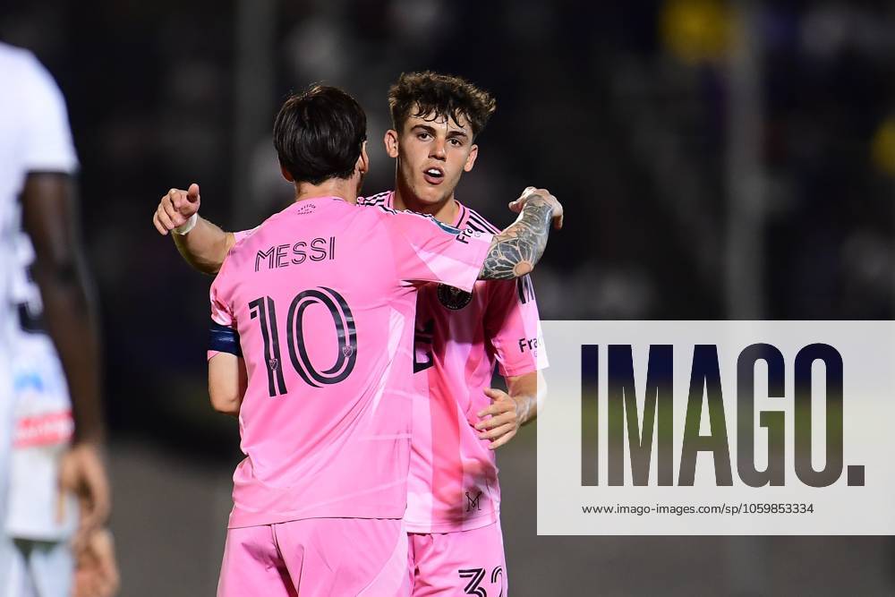 Concacaf Champions Cup 2025 Cavalier vs Inter Miami Lionel Messi celebrates his goal 0-2 with Noah Allen of Inter Miami during the round of 16 second leg match between Cavalier and Inter Miami as part of the CONCACAF Champions Cup 2025, at National Stadium on March 13, 2025 in Kingston, Jamaica. KINGSTON JAMAICA JAMAICA