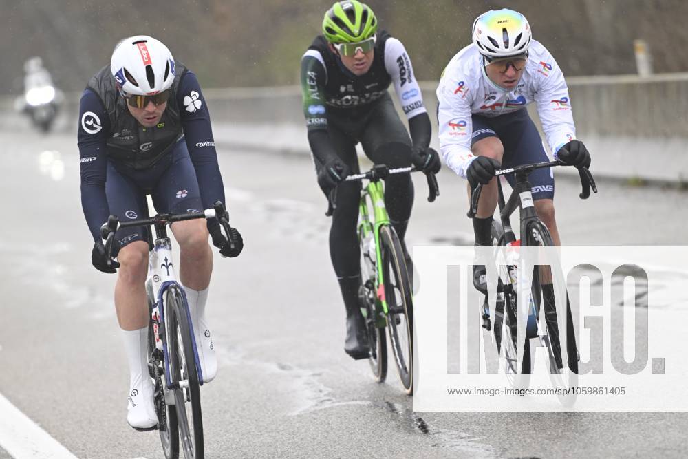 Paris - Nice 2025 - stage 6 BERRE L ETANG, FRANCE - MARCH 14 : Otruba Jakub (CZE) of Caja Rural - Seguros Rga, Cavagna Remi (FRA) of Groupama - Fdj, Gachignard Thomas (FRA) of Team Totalenergies during stage 6 of the 83th edition of the Paris - Nice cycling race, a stage of 209,8km with start in Saint-Julien-en-Saint-Alban and finish in Berre L Etang on March 14, 2025 in Berre L Etang, France, 14 03 2025 ( Motordriver Kenny Verfaillie - Berre L Etang France
