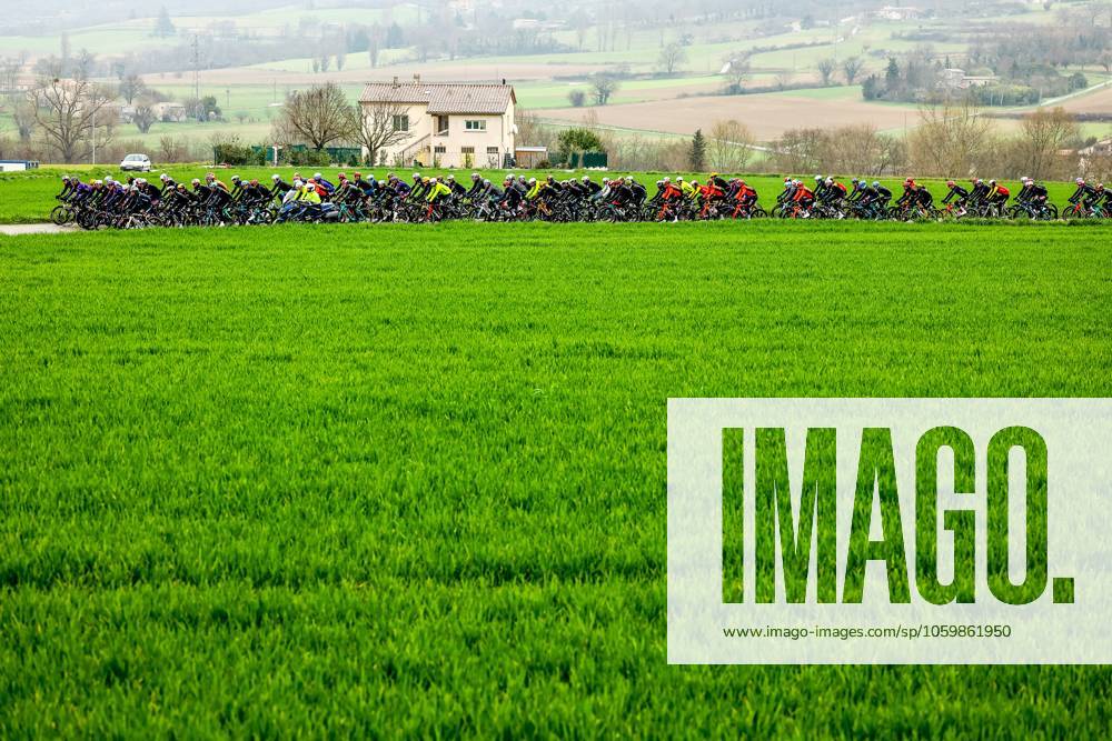 The pack of riders pictured in action during stage six of the 83th edition of the Paris-Nice cycling race, 209,8 km from Saint-Julien-en-Saint-Alban to Berre l Etang, France, Friday 14 March 2025. DAVIDxPINTENS x114929063x