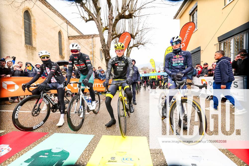 Portuguese Joao Almeida of UAE Team Emirates, Belgian Tim Merlier of Soudal Quick-Step, American Matteo Jorgenson of Team Visma-Lease a Bike and German Florian Lipowitz of RedBull-BORA-hansgrohe pictured on the start of stage six of the 83th edition of the Paris-Nice cycling race, 209,8 km from Saint-Julien-en-Saint-Alban to Berre l Etang, France, Friday 14 March 2025. DAVIDxPINTENS x114929179x