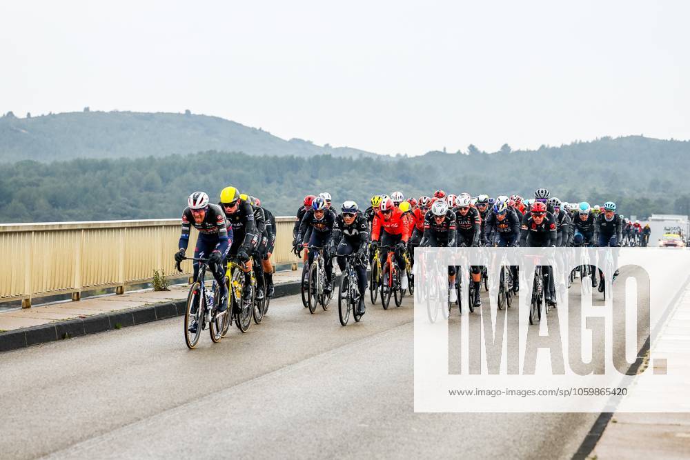 The pack of riders pictured in action during stage six of the 83th edition of the Paris-Nice cycling race, 209,8 km from Saint-Julien-en-Saint-Alban to Berre l Etang, France, Friday 14 March 2025. DAVIDxPINTENS x114935539x