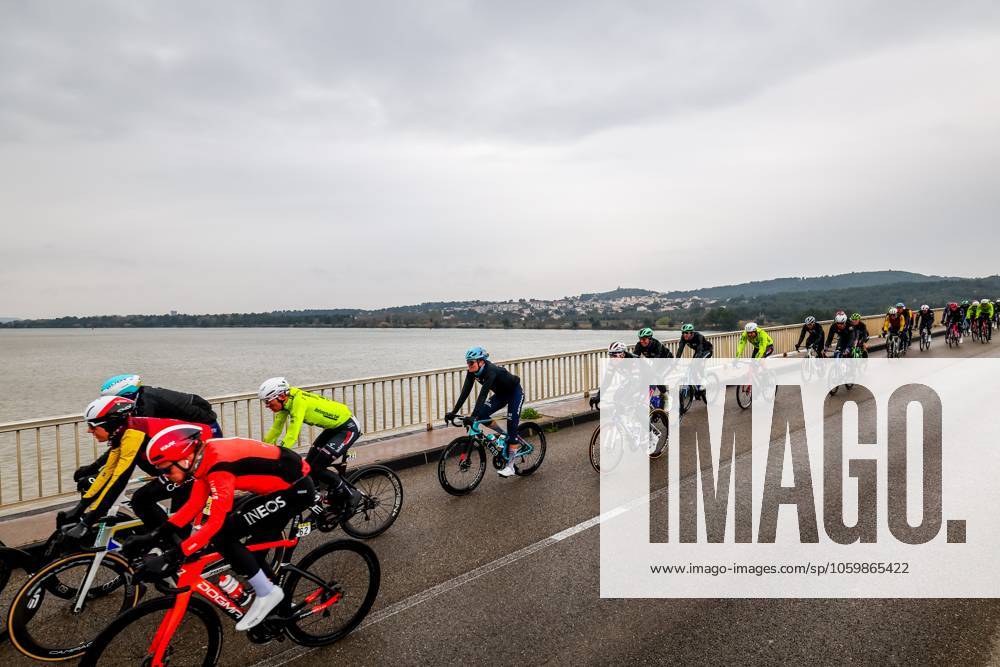 The pack of riders pictured in action during stage six of the 83th edition of the Paris-Nice cycling race, 209,8 km from Saint-Julien-en-Saint-Alban to Berre l Etang, France, Friday 14 March 2025. DAVIDxPINTENS x114935552x