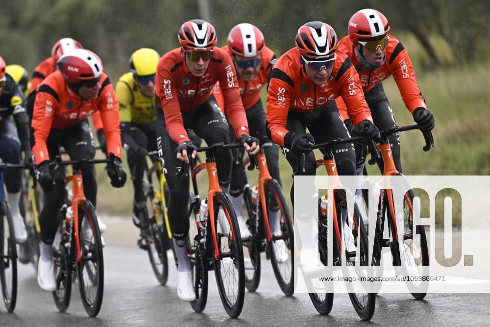 Paris - Nice 2025 - stage 6 BERRE L ETANG, FRANCE - MARCH 14 : riders of Ineos Grenadiers during stage 6 of the 83th edition of the Paris - Nice cycling race, a stage of 209,8km with start in Saint-Julien-en-Saint-Alban and finish in Berre L Etang on March 14, 2025 in Berre L Etang, France, 14 03 2025 ( Motordriver Kenny Verfaillie - Berre L Etang France