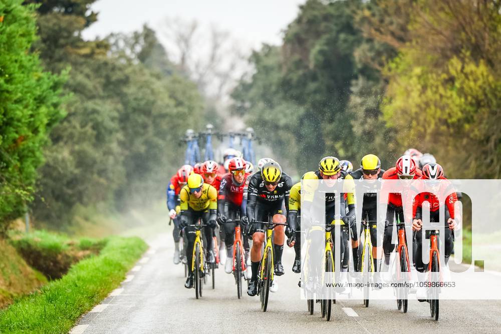 The pack of riders with American Matteo Jorgenson of Team Visma-Lease a Bike pictured in action during stage six of the 83th edition of the Paris-Nice cycling race, 209,8 km from Saint-Julien-en-Saint-Alban to Berre l Etang, France, Friday 14 March 2025. DAVIDxPINTENS x114936833x