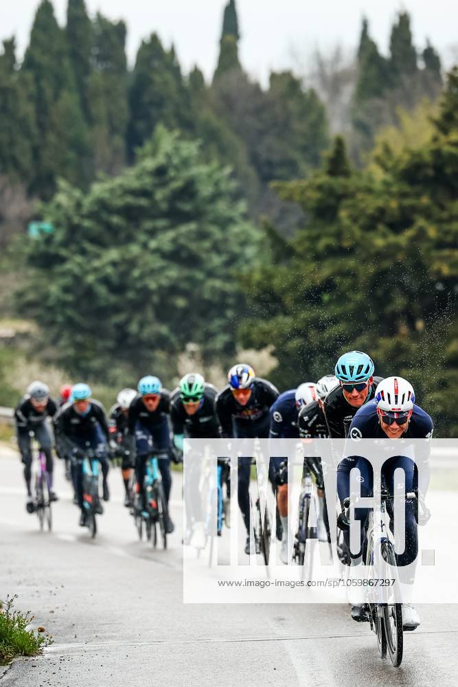 The pack of riders pictured in action during stage six of the 83th edition of the Paris-Nice cycling race, 209,8 km from Saint-Julien-en-Saint-Alban to Berre l Etang, France, Friday 14 March 2025. DAVIDxPINTENS x114937973x