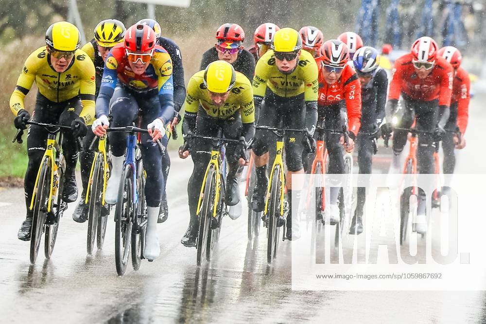 Danish Mads Pedersen of Lidl-Trek and Belgian Victor Campenaerts of Team Visma-Lease a Bike pictured in action during stage six of the 83th edition of the Paris-Nice cycling race, 209,8 km from Saint-Julien-en-Saint-Alban to Berre l Etang, France, Friday 14 March 2025. DAVIDxPINTENS x114939019x