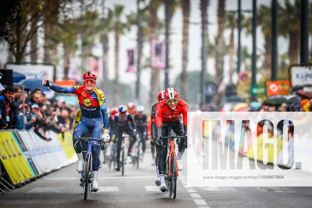 Danish Mads Pedersen of Lidl-Trek and British Michael Joshua Tarling of Ineos Grenadiers sprint to the finish of stage six of the 83th edition of the Paris-Nice cycling race, 209,8 km from Saint-Julien-en-Saint-Alban to Berre l Etang, France, Friday 14 March 2025. DAVIDxPINTENS x114939267x