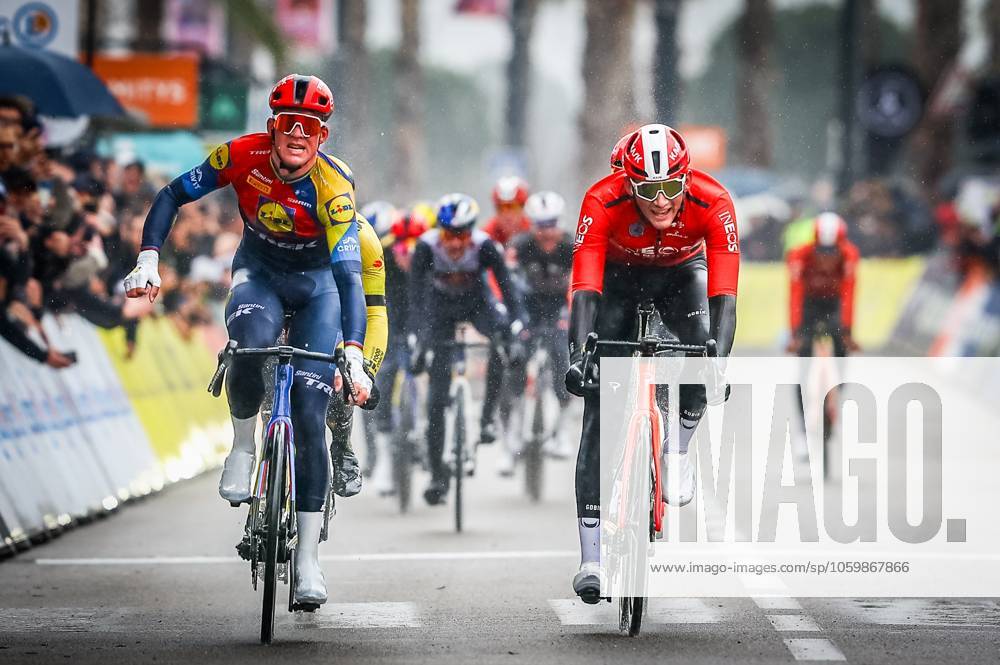 Danish Mads Pedersen of Lidl-Trek and British Michael Joshua Tarling of Ineos Grenadiers sprint to the finish of stage six of the 83th edition of the Paris-Nice cycling race, 209,8 km from Saint-Julien-en-Saint-Alban to Berre l Etang, France, Friday 14 March 2025. DAVIDxPINTENS x114939288x