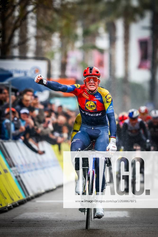 Danish Mads Pedersen of Lidl-Trek celebrates as he crosses the finish line to win stage six of the 83th edition of the Paris-Nice cycling race, 209,8 km from Saint-Julien-en-Saint-Alban to Berre l Etang, France, Friday 14 March 2025. DAVIDxPINTENS x114939363x