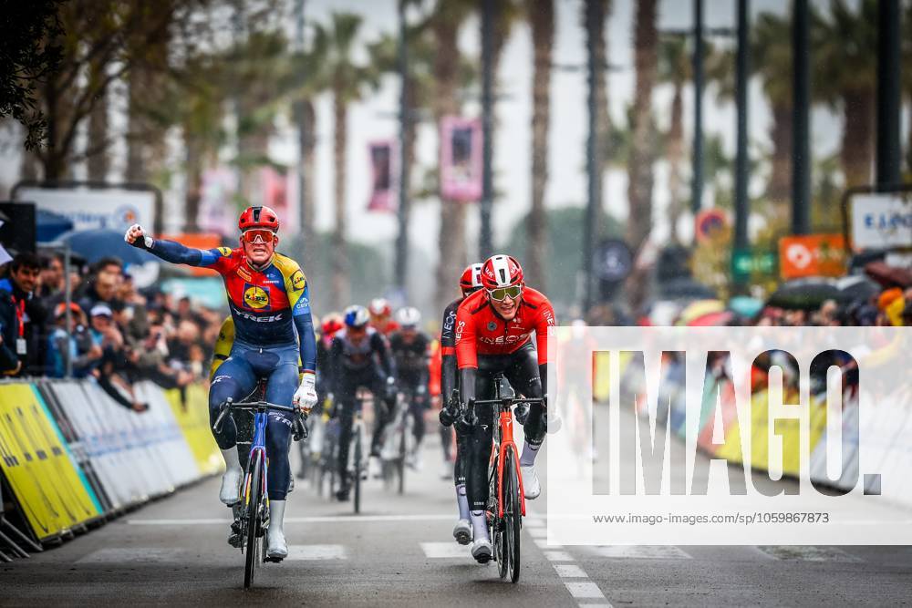 Danish Mads Pedersen of Lidl-Trek celebrates as he crosses the finish line to win stage six of the 83th edition of the Paris-Nice cycling race, 209,8 km from Saint-Julien-en-Saint-Alban to Berre l Etang, France, Friday 14 March 2025. DAVIDxPINTENS x114939385x