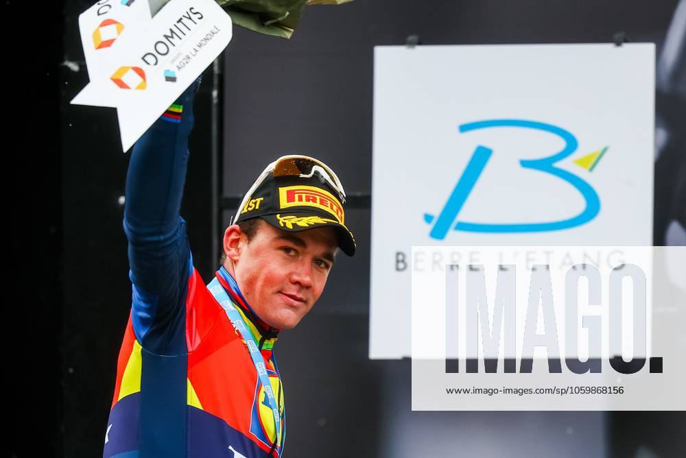 Danish Mads Pedersen of Lidl-Trek celebrates on the podium after winning stage six of the 83th edition of the Paris-Nice cycling race, 209,8 km from Saint-Julien-en-Saint-Alban to Berre l Etang, France, Friday 14 March 2025. DAVIDxPINTENS x114941483x