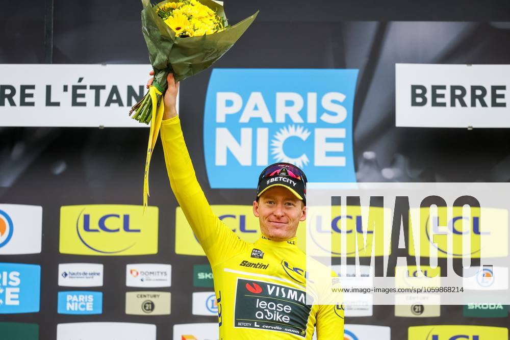 American Matteo Jorgenson of Team Visma-Lease a Bike celebrates on the podium in the yellow jersey of leader in the overall ranking after stage six of the 83th edition of the Paris-Nice cycling race, 209,8 km from Saint-Julien-en-Saint-Alban to Berre l Etang, France, Friday 14 March 2025. DAVIDxPINTENS x114941564x