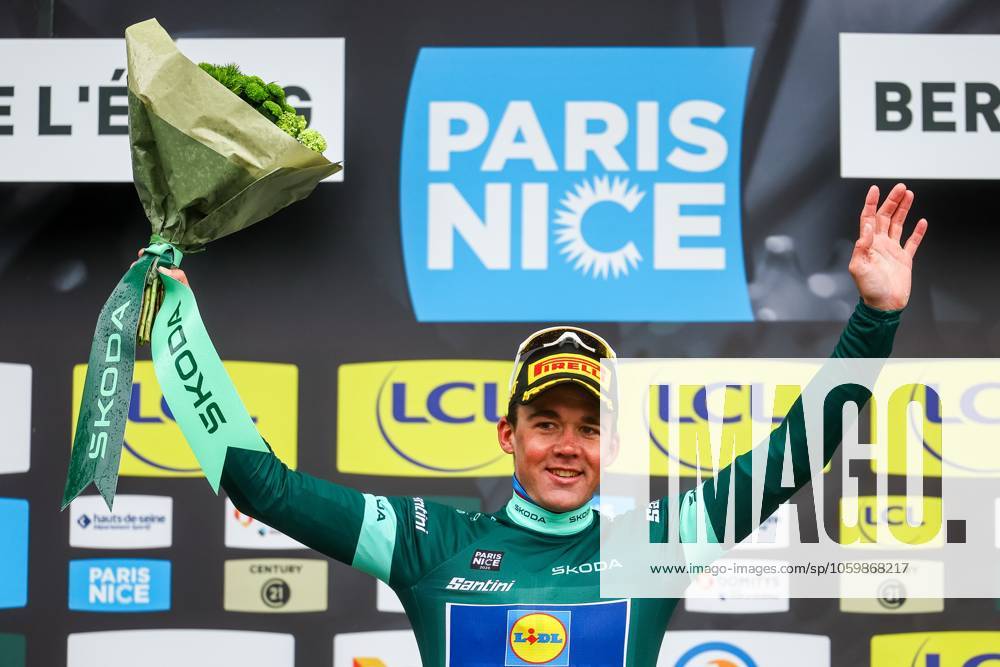 Danish Mads Pedersen of Lidl-Trek celebrates on the podium in the green points jersey stage six of the 83th edition of the Paris-Nice cycling race, 209,8 km from Saint-Julien-en-Saint-Alban to Berre l Etang, France, Friday 14 March 2025. DAVIDxPINTENS x114941819x