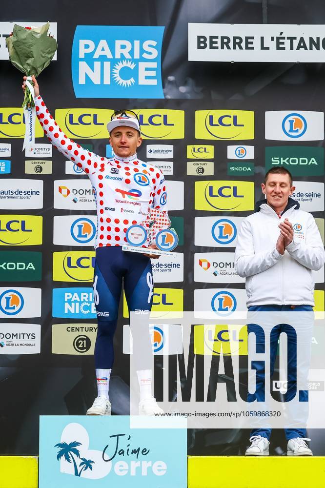 French Thomas Gachignard of TotalEnergies pictured on the podium after stage six of the 83th edition of the Paris-Nice cycling race, 209,8 km from Saint-Julien-en-Saint-Alban to Berre l Etang, France, Friday 14 March 2025. DAVIDxPINTENS x114942877x