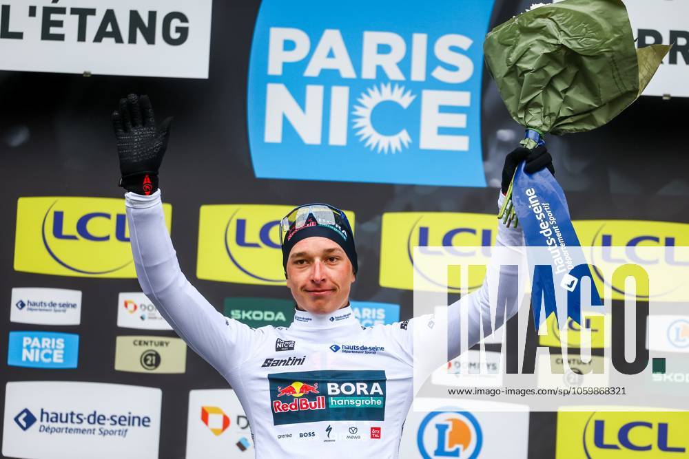 German Florian Lipowitz of RedBull-BORA-hansgrohe pictured on the podium after stage six of the 83th edition of the Paris-Nice cycling race, 209,8 km from Saint-Julien-en-Saint-Alban to Berre l Etang, France, Friday 14 March 2025. DAVIDxPINTENS x114942886x
