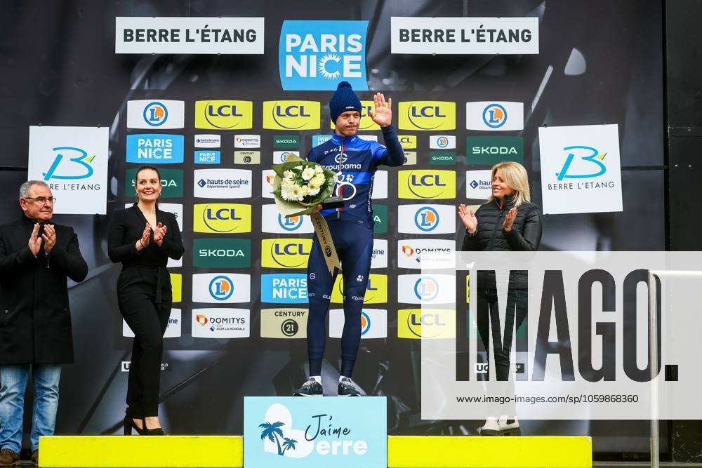 French Remi Cavagna of Groupama-FDJ pictured on the podium after stage six of the 83th edition of the Paris-Nice cycling race, 209,8 km from Saint-Julien-en-Saint-Alban to Berre l Etang, France, Friday 14 March 2025. DAVIDxPINTENS x114942903x
