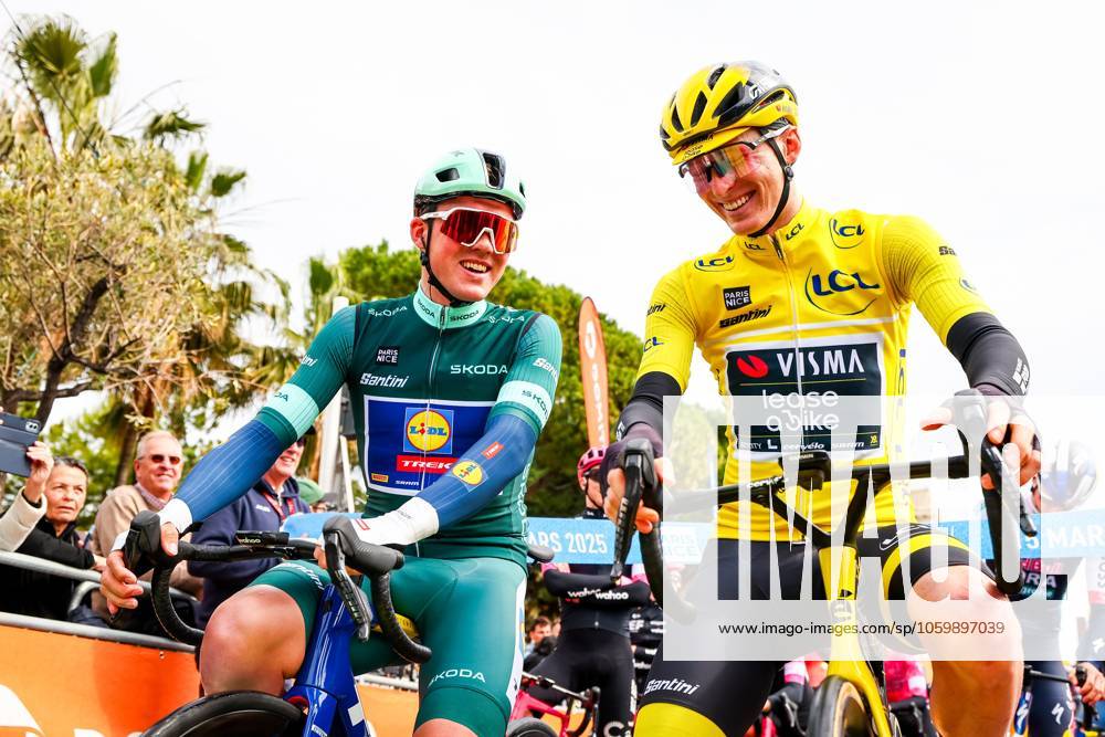 Danish Mads Pedersen of Lidl-Trek and American Matteo Jorgenson of Team Visma-Lease a Bike pictured at the start of stage seven of the 83th edition of the Paris-Nice cycling race, 147,8 km from Nice to Auron, France, Saturday 15 March 2025. DAVIDxPINTENS x114997743x