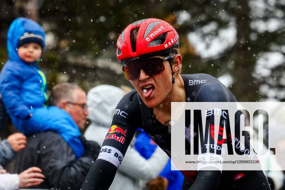 Australian Michael Storer of Tudor Pro Cycling Team celebrates as he crosses the finish line to win stage seven of the 83th edition of the Paris-Nice cycling race, 147,8 km from Nice to Auron, France, Saturday 15 March 2025. DAVIDxPINTENS x115005420x