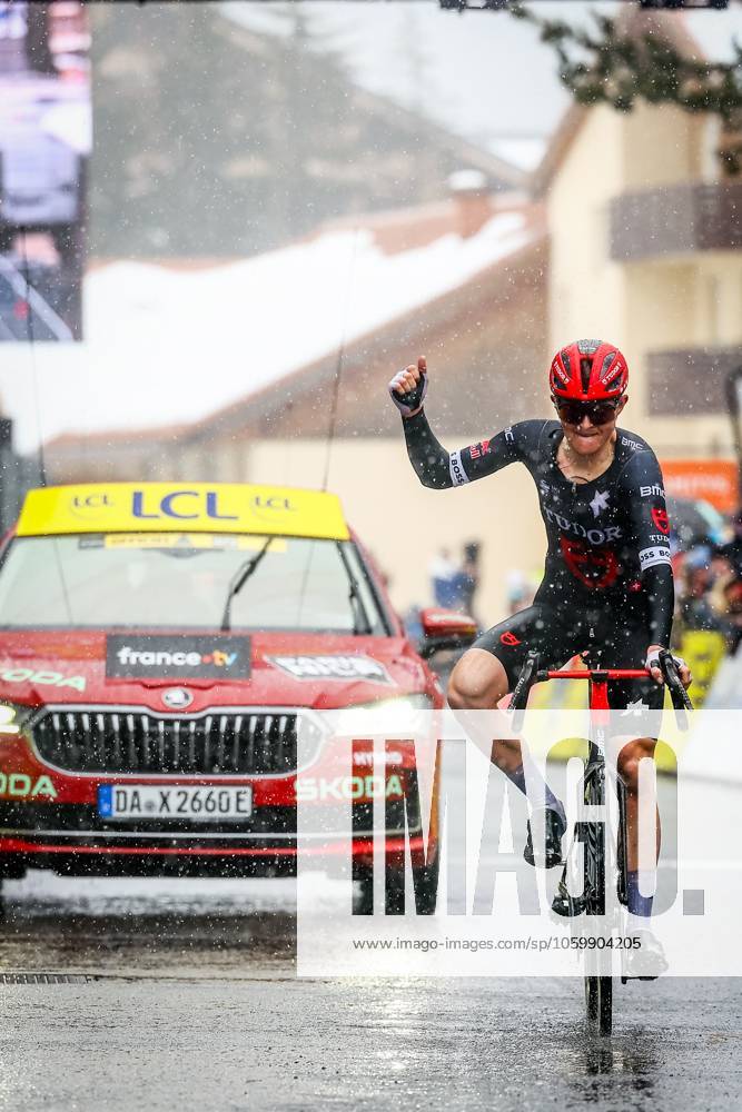 Australian Michael Storer of Tudor Pro Cycling Team crosses the finish line to win stage seven of the 83th edition of the Paris-Nice cycling race, 147,8 km from Nice to Auron, France, Saturday 15 March 2025. DAVIDxPINTENS x115006914x