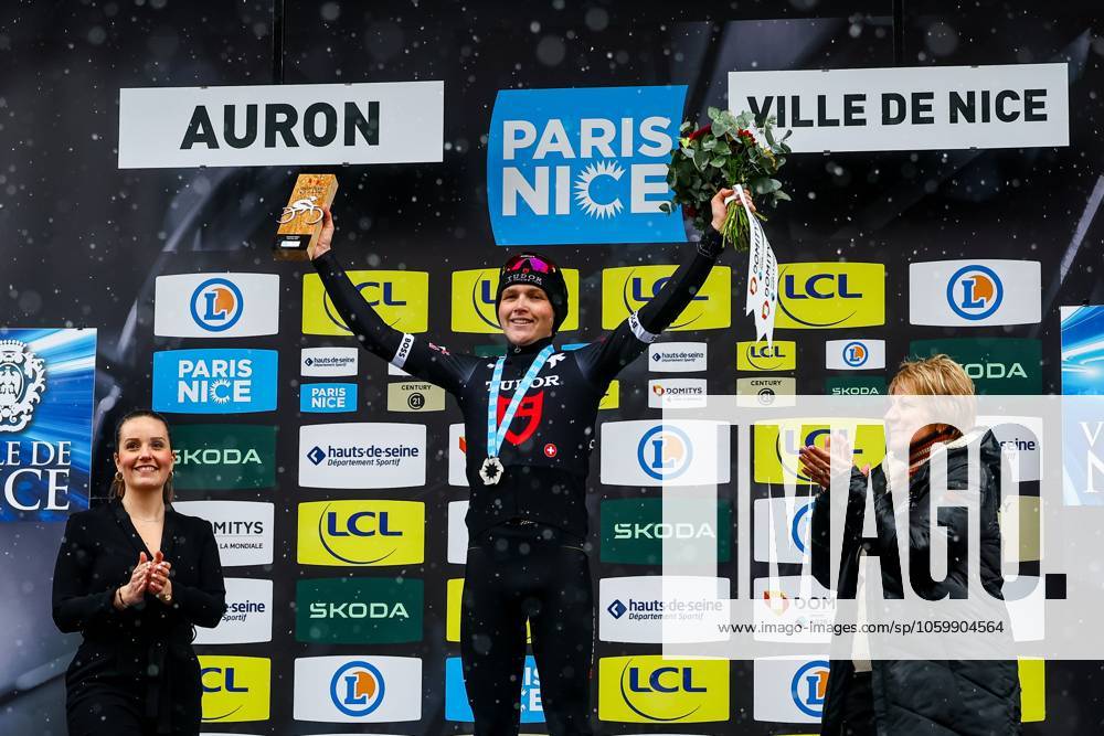 Australian Michael Storer of Tudor Pro Cycling Team celebrates on the podium after winning stage seven of the 83th edition of the Paris-Nice cycling race, 147,8 km from Nice to Auron, France, Saturday 15 March 2025. DAVIDxPINTENS x115006981x