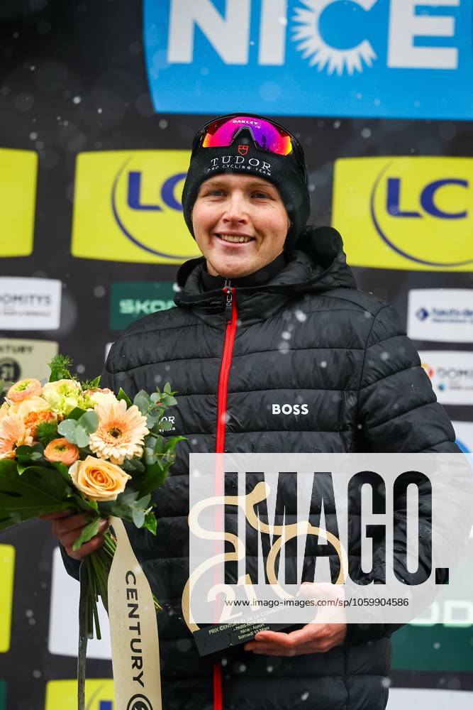 Australian Michael Storer of Tudor Pro Cycling Team celebrates on the podium after winning stage seven of the 83th edition of the Paris-Nice cycling race, 147,8 km from Nice to Auron, France, Saturday 15 March 2025. DAVIDxPINTENS x115007140x