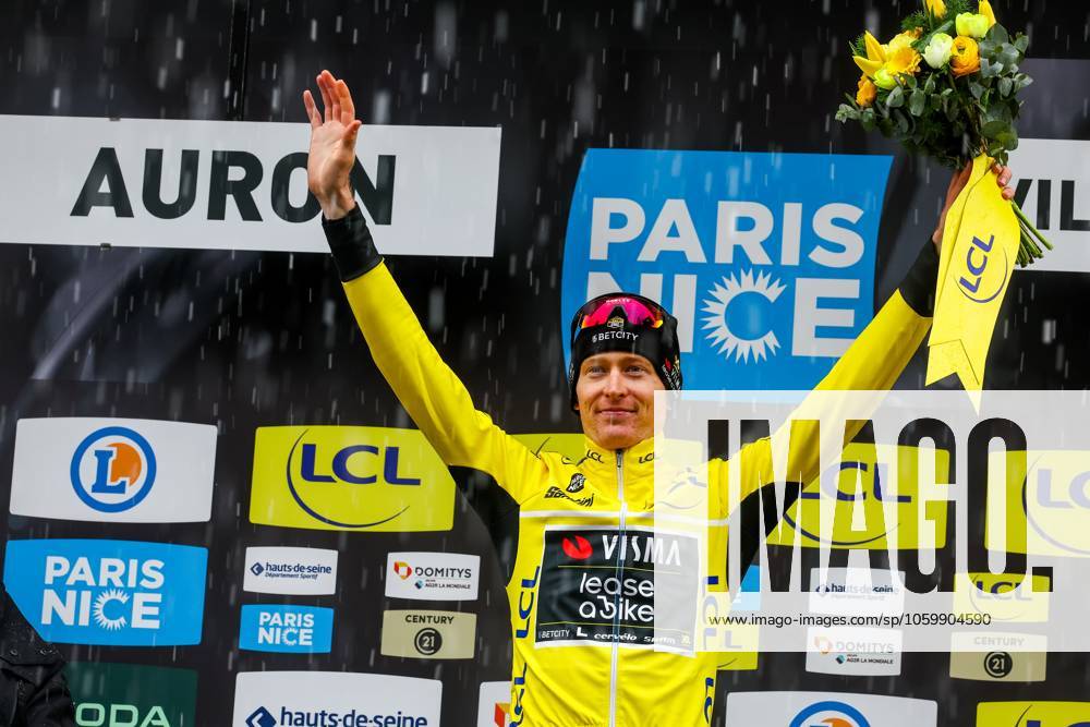 American Matteo Jorgenson of Team Visma-Lease a Bike celebrates on the podium in the yellow jersey of leader in the overall ranking after stage seven of the 83th edition of the Paris-Nice cycling race, 147,8 km from Nice to Auron, France, Saturday 15 March 2025. DAVIDxPINTENS x115007143x