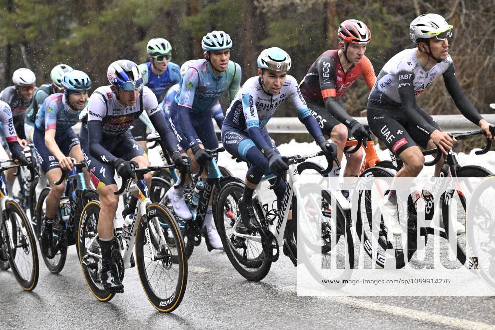 Paris - Nice 2025 - stage 7 AURON, FRANCE - MARCH 15 : Lipowitz Florian (GER) of Red Bull - Bora - Hansgrohe and Martinez Lenny (FRA) of Bahrain - Victorious in action during stage 7 of the 83th edition of the Paris - Nice cycling race, a stage of 109,3km with start in Nice and finish at Auron on March 15, 2025 in Auron, France, 15 03 2025 ( Motordriver Kenny Verfaillie - Auron France