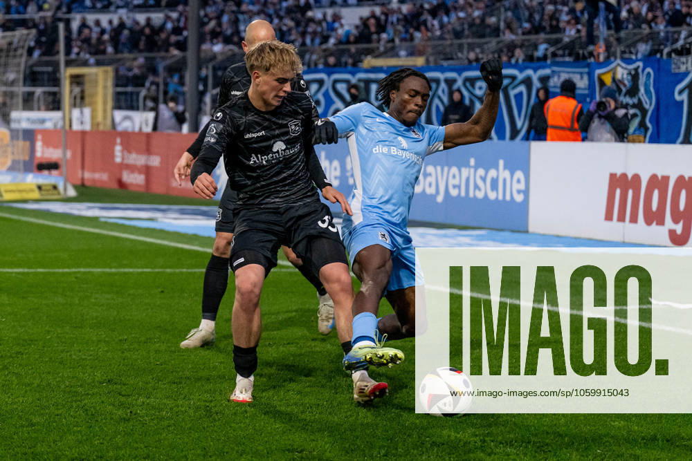 Fight for the ball duel between Maximilian Hennig SpVgg Unterhaching, 33 and Dickson Abiama TSV 1860 Muenchen, 9 GER, TSV 1860 Muenchen vs SpVgg Unterhaching, Football, 3 Bundesliga, Matchday 29, Season 2024 2025, 15 03 2025 GER, TSV 1860 Muenchen vs SpVgg Unterhaching, Football, 3 Bundesliga, Matchday 29, Season 2024 2025, 15 03 2025 Muenchen
