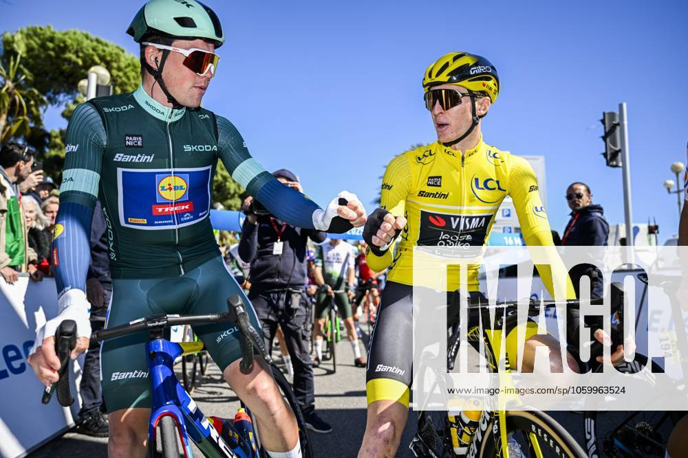 Paris - Nice 2025 - stage 8 NICE, FRANCE - MARCH 16 : Pedersen Mads (DEN) of Lidl - Trek and Jorgenson Matteo (USA) of Team Visma Lease A Bike at the start line during stage 8 and final stage of the 83th edition of the Paris - Nice cycling race, a stage of 119,9km with start and finish in Nice on March 16, 2025 in Nice, France, 16 03 2025 ( Motordriver Kenny Verfaillie - Nice France