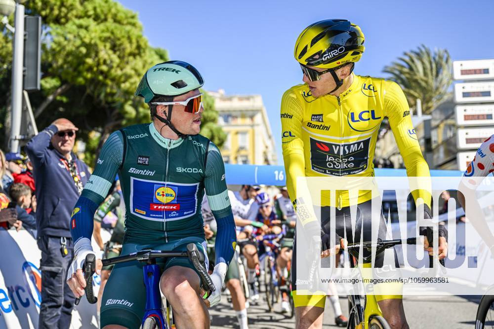 Paris - Nice 2025 - stage 8 NICE, FRANCE - MARCH 16 : Pedersen Mads (DEN) of Lidl - Trek and Jorgenson Matteo (USA) of Team Visma Lease A Bike at the start line during stage 8 and final stage of the 83th edition of the Paris - Nice cycling race, a stage of 119,9km with start and finish in Nice on March 16, 2025 in Nice, France, 16 03 2025 ( Motordriver Kenny Verfaillie - Nice France