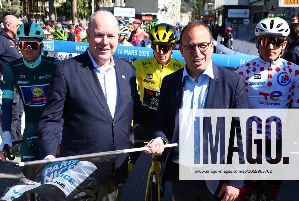 Prince Albert of Monaco (L) pictured at the start of stage eight of the 83th edition of the Paris-Nice cycling race, 119,9 km from Nice to Nice, France, Sunday 16 March 2025. DAVIDxPINTENS x115088665x