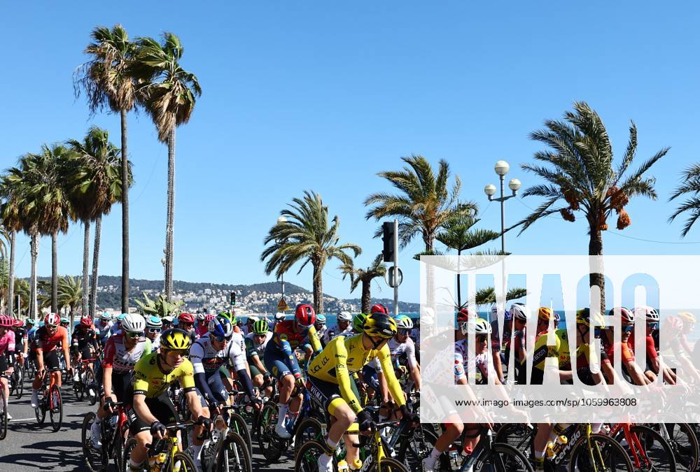 The pack of riders pictured at the start of stage eight of the 83th edition of the Paris-Nice cycling race, 119,9 km from Nice to Nice, France, Sunday 16 March 2025. DAVIDxPINTENS x115088912x