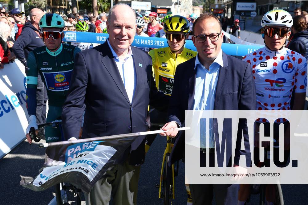 Prince Albert of Monaco (L) pictured at the start of stage eight of the 83th edition of the Paris-Nice cycling race, 119,9 km from Nice to Nice, France, Sunday 16 March 2025. DAVIDxPINTENS x115089084x