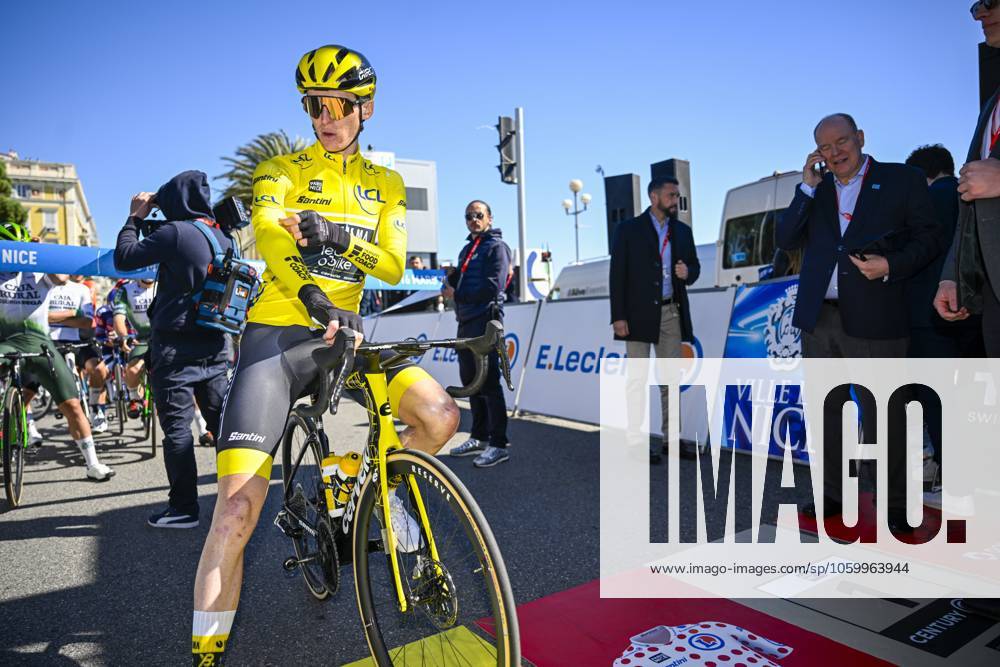Paris - Nice 2025 - stage 8 NICE, FRANCE - MARCH 16 : Jorgenson Matteo (USA) of Team Visma Lease A Bike and Albert II, Prince of Monaco during stage 8 and final stage of the 83th edition of the Paris - Nice cycling race, a stage of 119,9km with start and finish in Nice on March 16, 2025 in Nice, France, 16 03 2025 ( Motordriver Kenny Verfaillie - Nice France