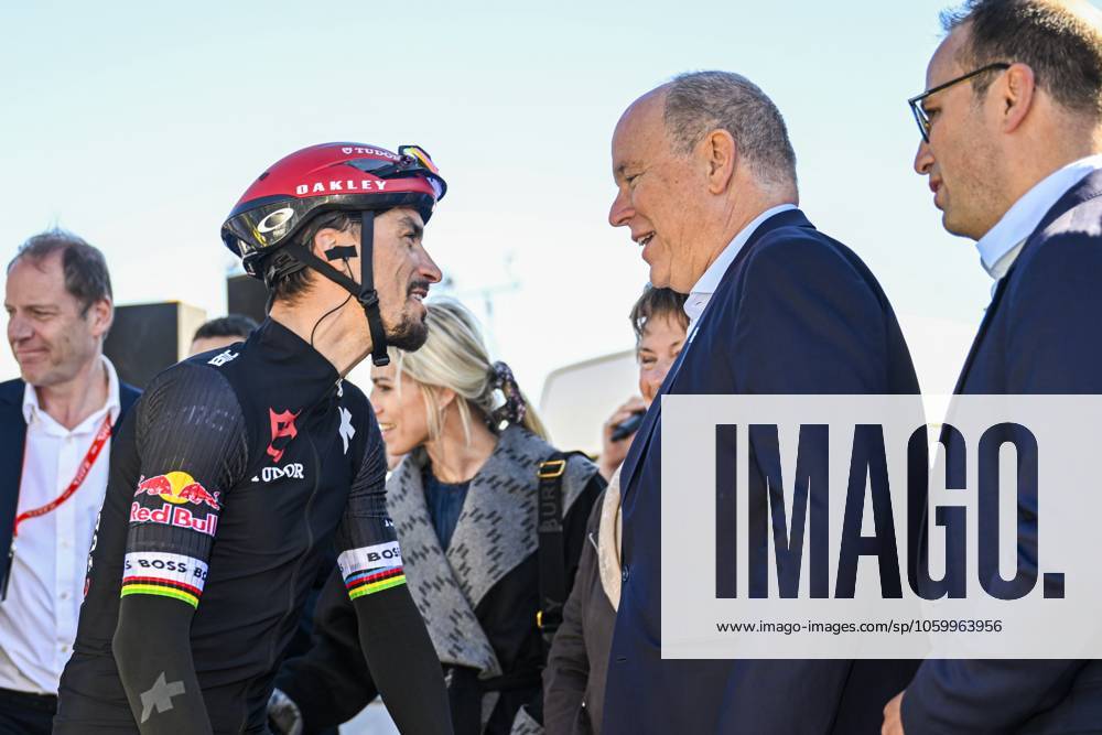 Paris - Nice 2025 - stage 8 NICE, FRANCE - MARCH 16 : Alaphilippe Julian (FRA) of Tudor Pro Cycling Team and Albert II, Prince of Monaco before the start of the race during stage 8 and final stage of the 83th edition of the Paris - Nice cycling race, a stage of 119,9km with start and finish in Nice on March 16, 2025 in Nice, France, 16 03 2025 ( Motordriver Kenny Verfaillie - Nice France