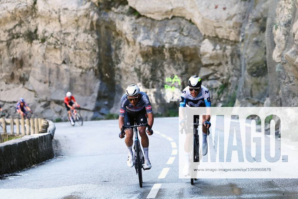 Belgian Edward Planckaert of Alpecin-Deceuninck and Italian Lorenzo Milesi of Movistar Team pictured in action during stage eight of the 83th edition of the Paris-Nice cycling race, 119,9 km from Nice to Nice, France, Sunday 16 March 2025. DAVIDxPINTENS x115093681x