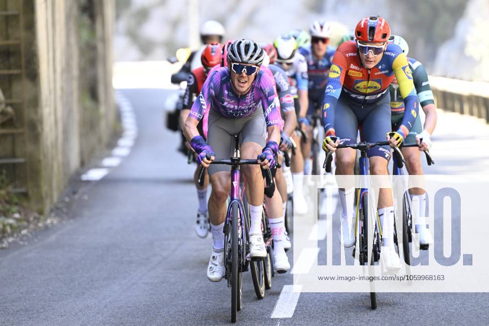 Paris - Nice 2025 - stage 8 NICE, FRANCE - MARCH 16 : O Brien Kelland (AUS) of Team Jayco Alula and Hoole Daan (NED) of Lidl - Trek leading the escape pack during stage 8 and final stage of the 83th edition of the Paris - Nice cycling race, a stage of 119,9km with start and finish in Nice on March 16, 2025 in Nice, France, 16 03 2025 ( Motordriver Kenny Verfaillie - Nice France