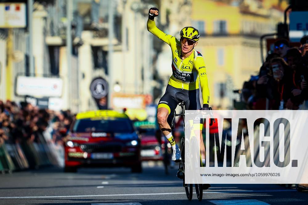 American Matteo Jorgenson of Team Visma-Lease a Bike celebrates as he crosses the finish line at stage eight of the 83th edition of the Paris-Nice cycling race, 119,9 km from Nice to Nice, France, Sunday 16 March 2025. DAVIDxPINTENS x115104993x