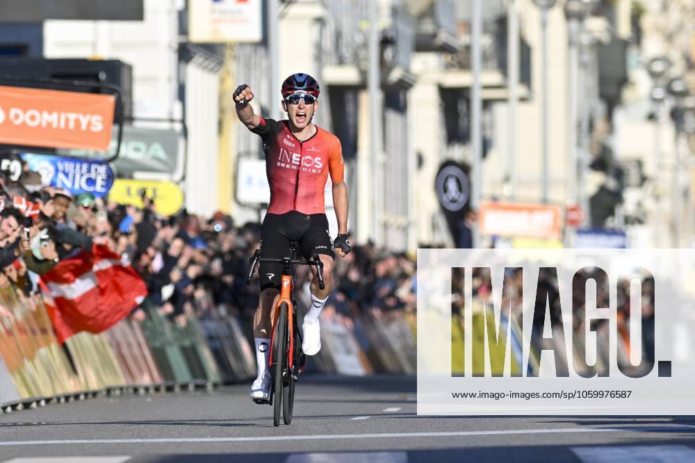 Paris - Nice 2025 - stage 8 NICE, FRANCE - MARCH 16 : Sheffield Magnus (USA) of Ineos Grenadiers celebrating his victory during stage 8 and final stage of the 83th edition of the Paris - Nice cycling race, a stage of 119,9km with start and finish in Nice on March 16, 2025 in Nice, France, 16 03 2025 ( Motordriver Kenny Verfaillie - Nice France
