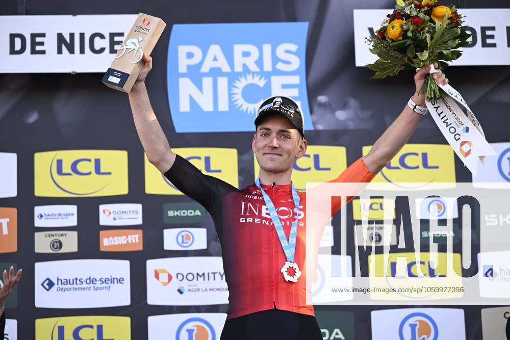Paris - Nice 2025 - stage 8 NICE, FRANCE - MARCH 16 : Sheffield Magnus (USA) of Ineos Grenadiers on the podium during stage 8 and final stage of the 83th edition of the Paris - Nice cycling race, a stage of 119,9km with start and finish in Nice on March 16, 2025 in Nice, France, 16 03 2025 ( Motordriver Kenny Verfaillie - Nice France