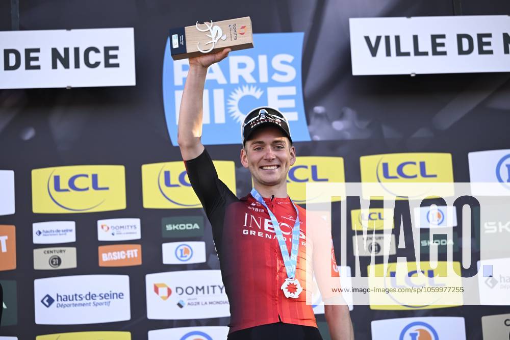Paris - Nice 2025 - stage 8 NICE, FRANCE - MARCH 16 : Sheffield Magnus (USA) of Ineos Grenadiers on the podium during stage 8 and final stage of the 83th edition of the Paris - Nice cycling race, a stage of 119,9km with start and finish in Nice on March 16, 2025 in Nice, France, 16 03 2025 ( Motordriver Kenny Verfaillie - Nice France