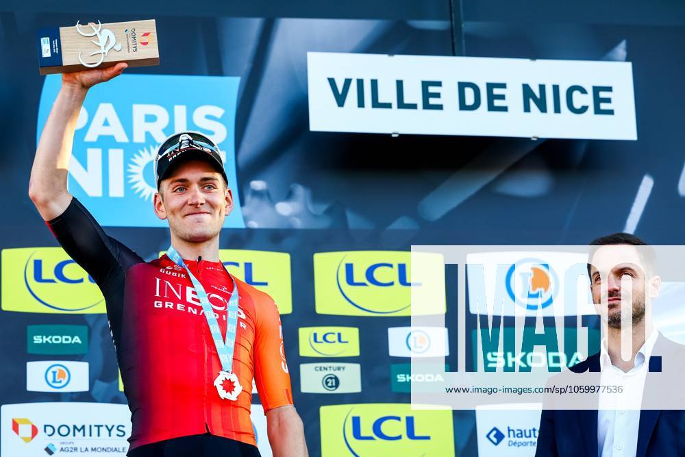 American Magnus Sheffield of Ineos Grenadiers celebrates on the podium after winning stage eight of the 83th edition of the Paris-Nice cycling race, 119,9 km from Nice to Nice, France, Sunday 16 March 2025. DAVIDxPINTENS x115105795x