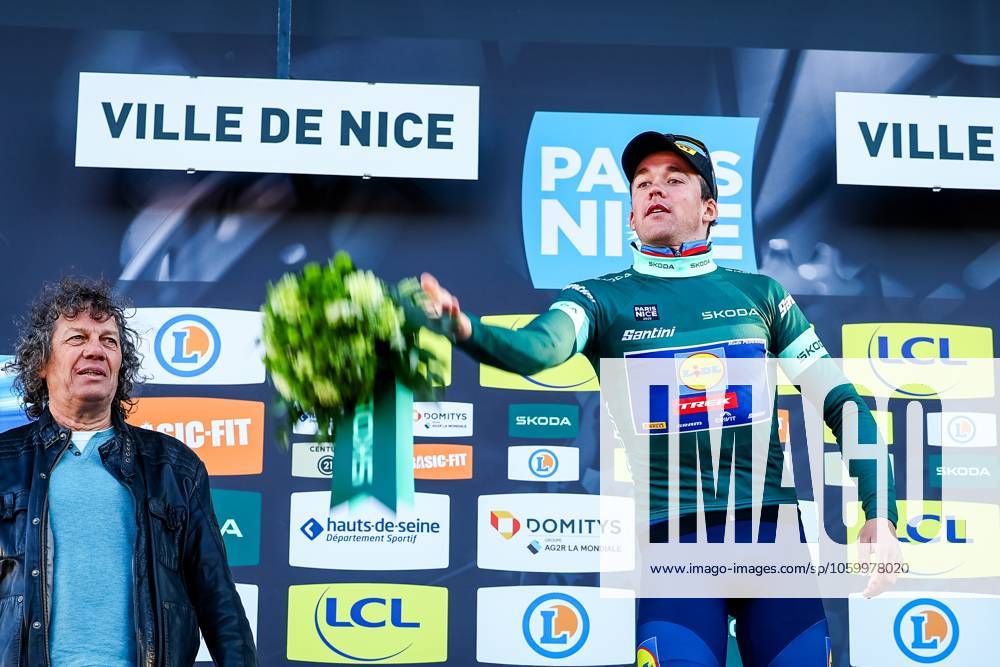 Danish Mads Pedersen of Lidl-Trek celebrates in the green jersey of leader in the points ranking after stage eight of the 83th edition of the Paris-Nice cycling race, 119,9 km from Nice to Nice, France, Sunday 16 March 2025. DAVIDxPINTENS x115106018x